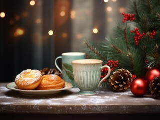 Obraz na płótnie Canvas Christmas scene with breakfast, beverage, christmas decoration, pine tree.