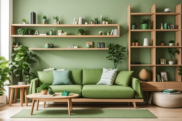 Wooden and green living room interior with shelves and poster apartment