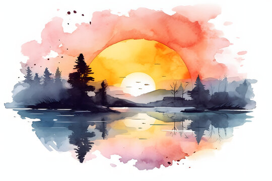 Sunrise View Watercolor Art Style