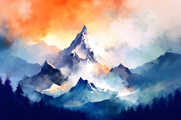 Mountain View Watercolor Art Style
