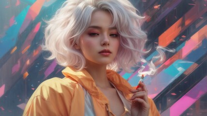 Naklejka premium Portrait of a Smoking Girl in Cartoon-Inspired Pastels