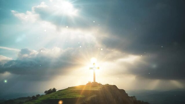 Christian cross on top of the hill in sun rays. Easter background. Christian Religion Symbol Concept background.