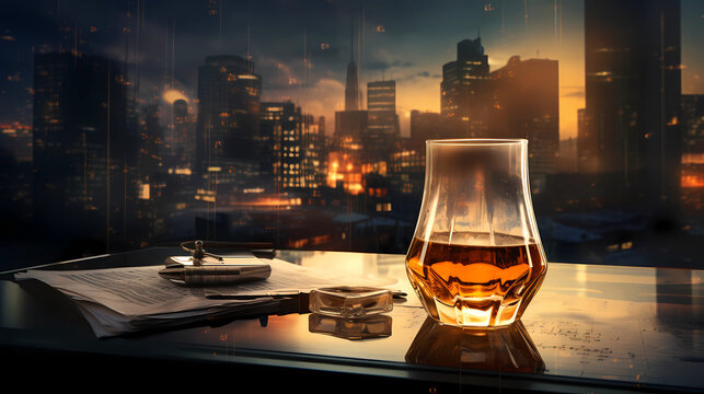 finance concept image in the city with glass of whiskey