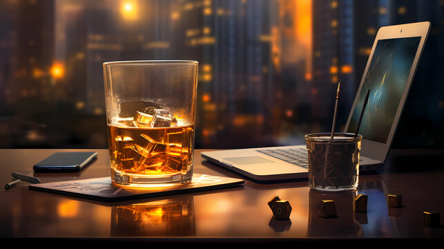 finance concept image in the city with glass of whiskey
