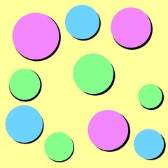 Pink, blue, and green circles with black shadows on light yellow background