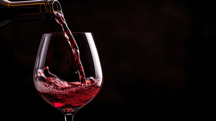 Red wine is poured into a glass on a dark burgundy background