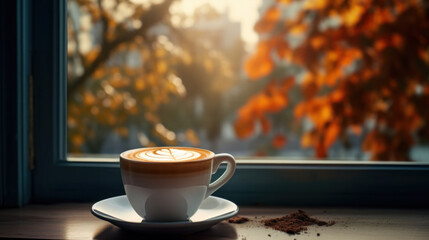 Naklejka na ściany i meble Coffee with latte art on the background of a window with a beautiful autumn view
