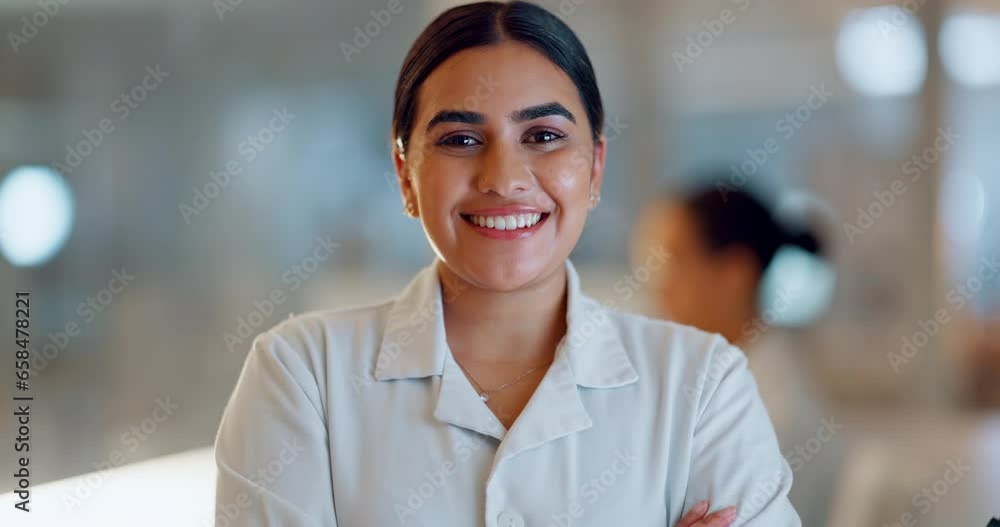 Wall mural Lab woman, face and happy scientist with career smile, job experience and confident in medical research, innovation or pride. Portrait, laboratory or professional person working on healthcare science