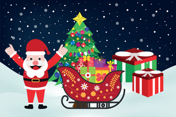 Christmas holiday background with presents on a sleigh and Santa Claus