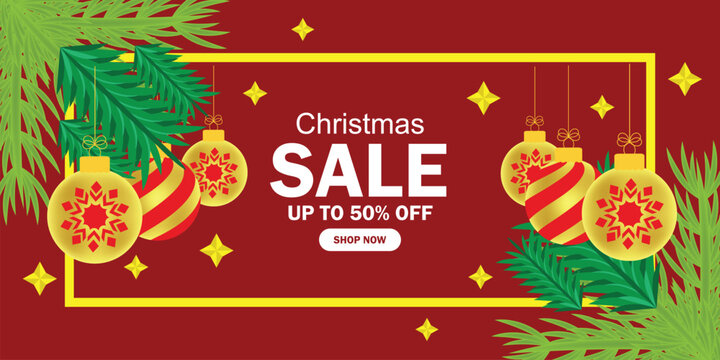 Christmas Sale poster or template design with 50% discount offer, hanging bauble, pine leaves and golden stars