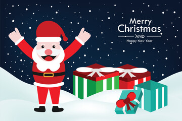Merry Christmas Happy New Year. Santa Claus cartoon character with gift box