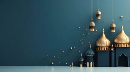 Foto op Plexiglas Eid mubarak with a islamic decorative frame pattern crescent star and lantern on a light ornamental background. © Xabrina