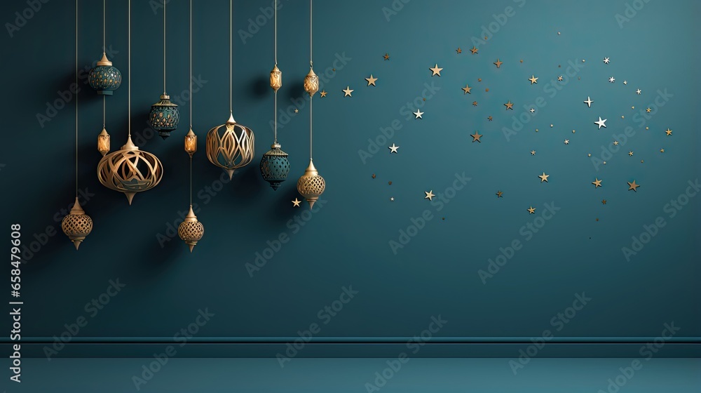 Wall mural eid mubarak with a islamic decorative frame pattern crescent star and lantern on a light ornamental 