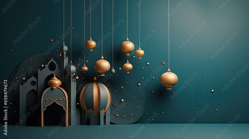 Wall mural eid mubarak with a islamic decorative frame pattern crescent star and lantern on a light ornamental 