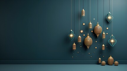 Eid mubarak with a islamic decorative frame pattern crescent star and lantern on a light ornamental background. - obrazy, fototapety, plakaty