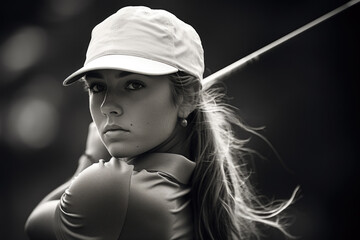 Young and attractive blonde professional female golfer swinging the golf club - obrazy, fototapety, plakaty