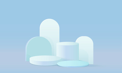 Vector abstract minimal blue 3d room with realistic blue and white cylinder pedestal podium