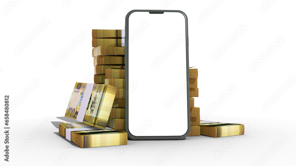 Poster 3d rendering of a mobile phone with blank screen and stacks of solomon islands dollar notes behind i