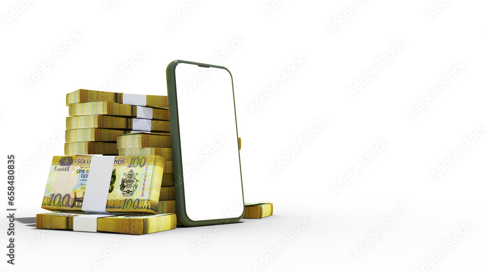Poster 3d rendering of a mobile phone with blank screen and stacks of solomon islands dollar notes behind i