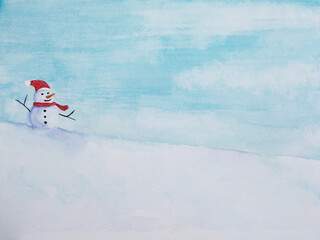 watercolor painting winter landscape snowman.