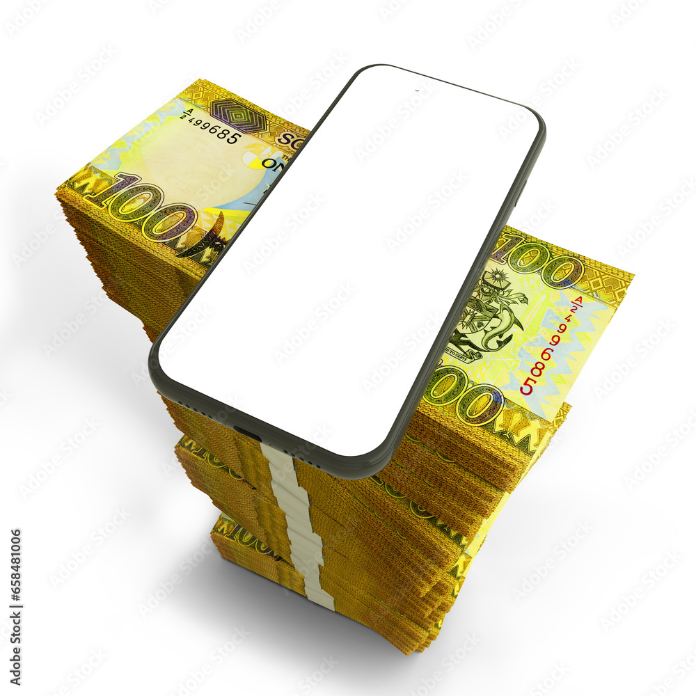 Poster 3d rendering of mobile phone with blank screen on top of stacks of solomon islands dollar notes arra
