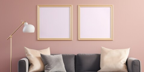 mockup template of 2 poster picture frames, same size, on pink wall, realistic, living room interior design, natural sunlight, generative AI