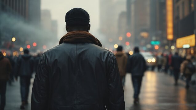 Um homem negro de costas, caminha nas ruas de uma cidade com grande movimento de pedestres