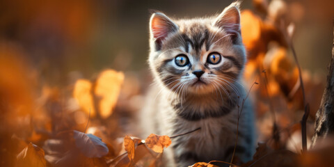 Naklejka na ściany i meble Portrait of a Cat. Cute Little Gray Striped Kitten in autumn leaves look in camera