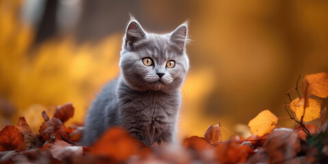 Naklejka na ściany i meble Portrait of a Cat. Cute Gray British Kitten in fallen leaves in autumn park or garden
