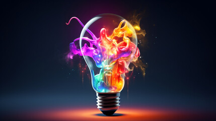 Creative light bulb explodes with colorful paint and colors.