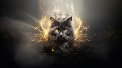 A black cat wearing a crown is a majestic sight. Its sleek fur is as dark as midnight, and the crown adds a touch of regal charm, making it look like a feline royalty. - obrazy, fototapety, plakaty