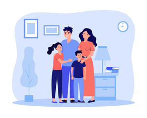 Happy hugging family vector illustration. Parents and children spend time at home, give support and care each other. Time for family bonding