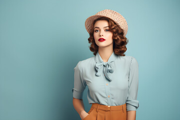 portrait of a beautiful fashion woman wearing vintage blue clothes and hat on bright blue colour background