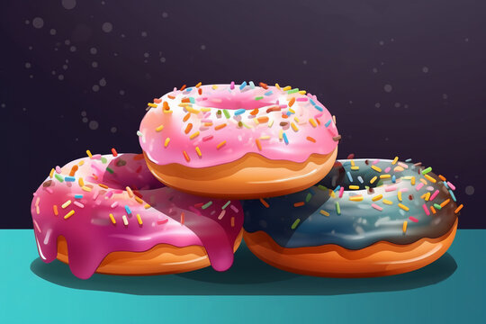 Mix of multicolored doughnuts with sprinkel on blue background. glazed donut