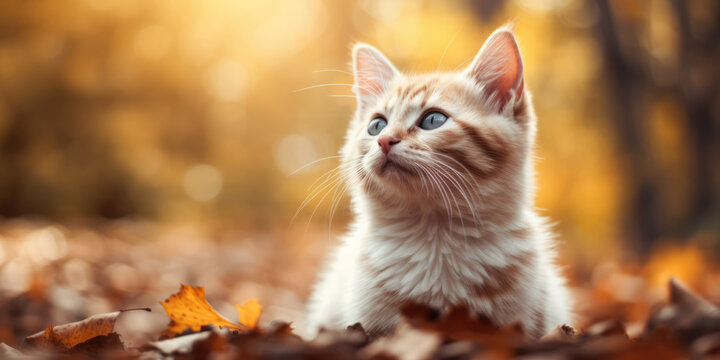 Portrait of a Cat in autumn leaves. Cute Little Striped Kitten in autumn garden or park