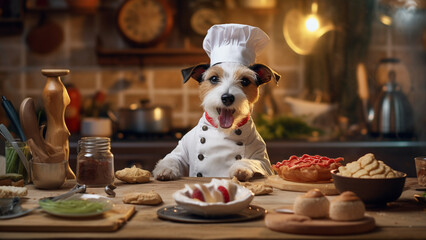 Smiling Jack Russell Terrier in chef costume in the kitchen