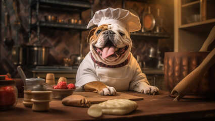 Smiling Bulldog in chef costume in the kitchen - obrazy, fototapety, plakaty