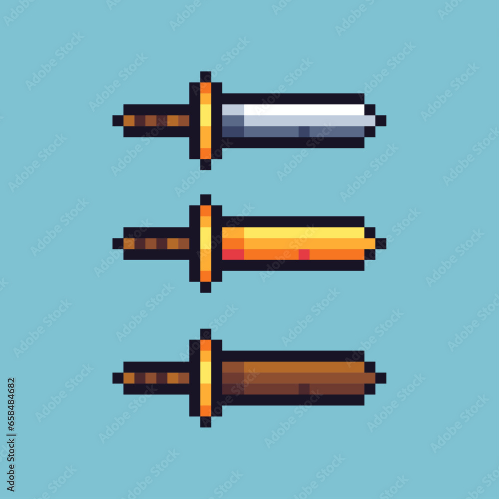Poster pixel art sets of sword weapons with variation color item asset. simple bits of gold,silver sword on