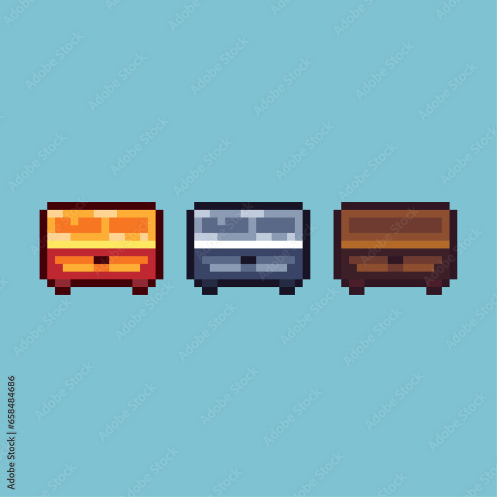 Poster pixel art sets of drawer box with variation color item asset. simple bits of drawer box on pixelated