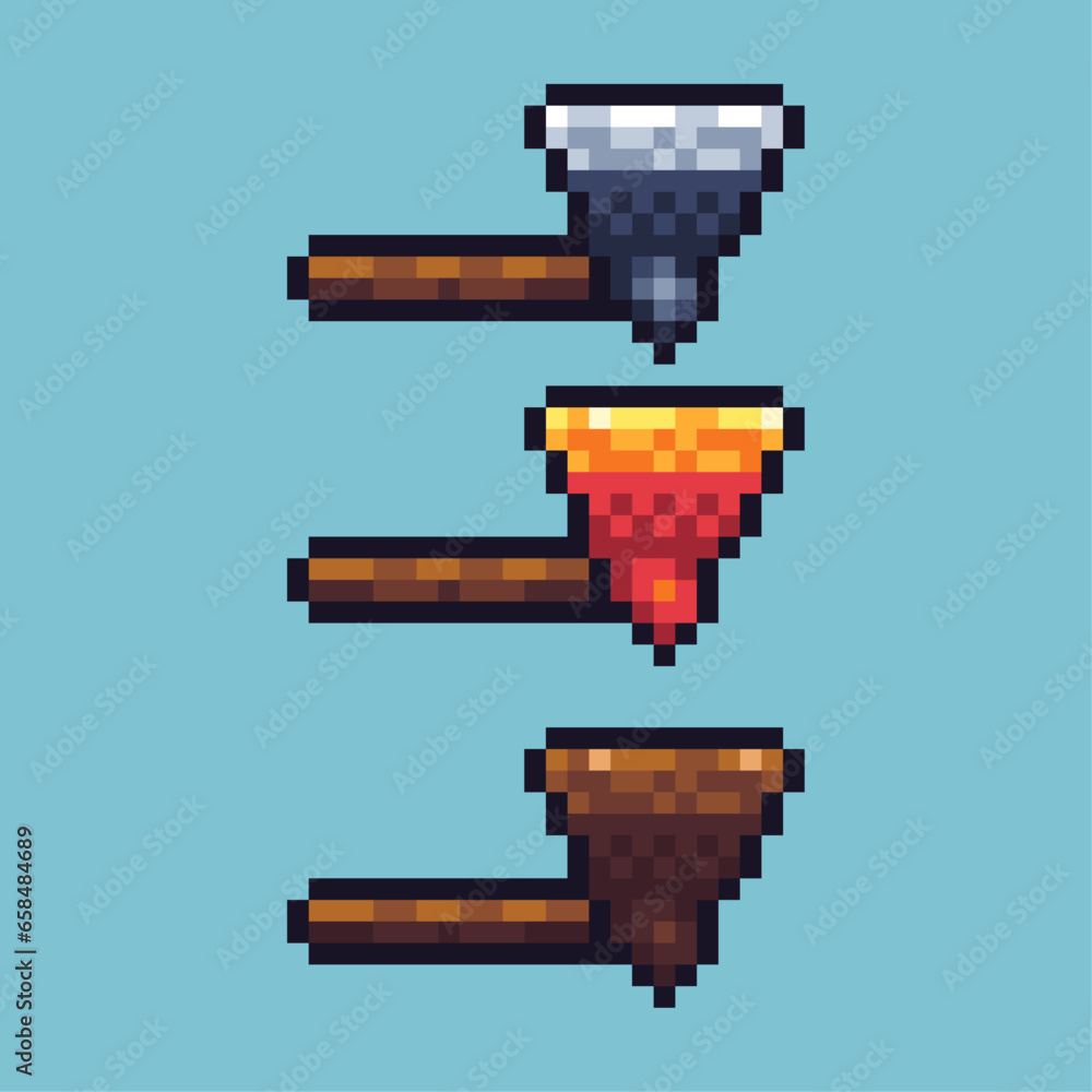 Poster pixel art sets of axe tools with variation color item asset. simple bits of axe on pixelated style. 
