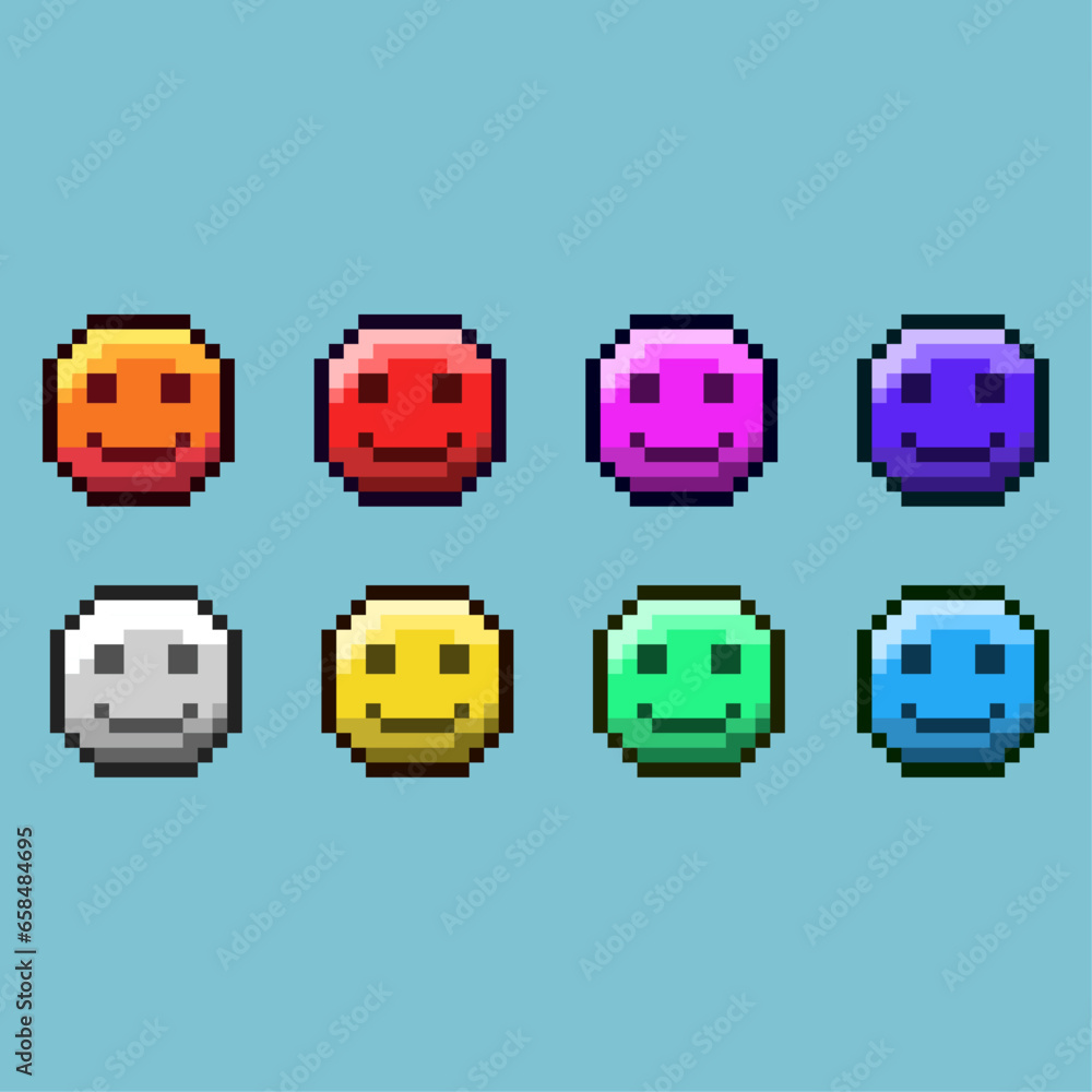 Poster pixel art sets of emoticon face with variation color item asset. simple bits of emoticon face on pix