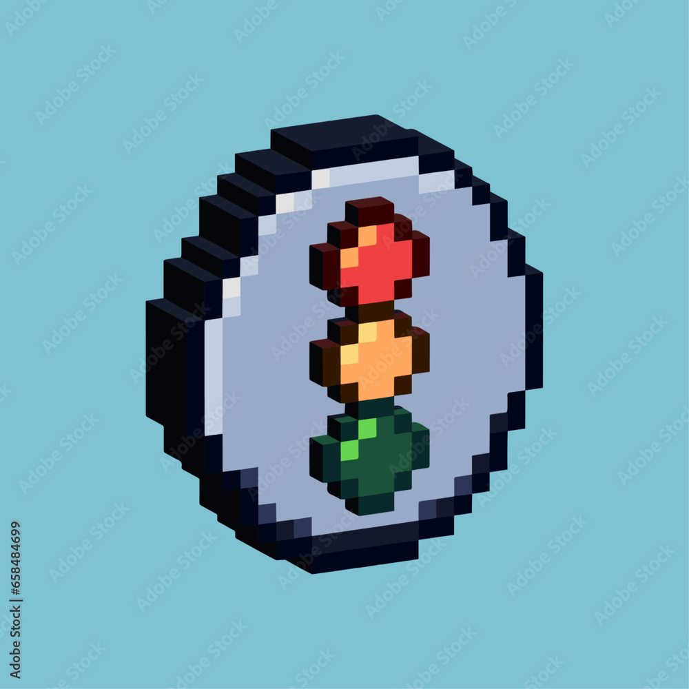 Poster isometric pixel art 3d of traffic light sign for items asset. traffic light sign on pixelated style.