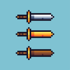 Pixel art sets of sword weapons with variation color item asset. Simple bits of gold,silver sword on pixelated style. 8bits perfect for game asset or design asset element for your game design asset