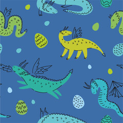 Fototapeta na wymiar Vector pattern from a collection of various dragons and dinosaurs, hand-drawn in doodle style