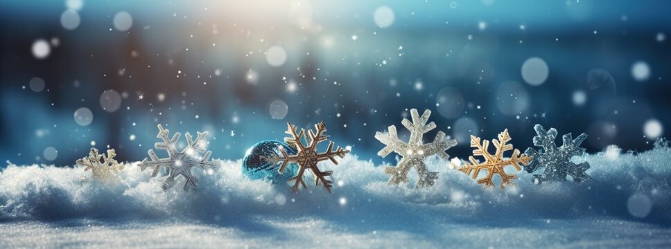 Winter snowy background with Christmas toys, snowdrifts, beautiful light and snow flakes on the blue sky in the evening, banner format, copy space. Christmas decoration