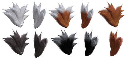 3D Render : set of different colors of nine Fox tails for anime graphic resource, PNG transparent, side view
