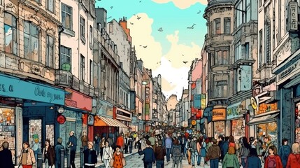 Tourists exploring a bustling city street. Fantasy concept , Illustration painting. - obrazy, fototapety, plakaty