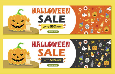 Set of Happy Halloween Sale up to 50 % Banner. Design with Pumpkin and Cute Spooky Doodles. Halloween Party Horizontal Banner