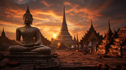 Ancient Buddha statues in various places - obrazy, fototapety, plakaty