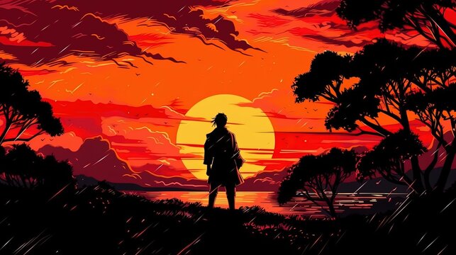 The silhouette of a samurai standing near a lake in the forest against the background of a night sunset. Fantasy concept , Illustration painting.